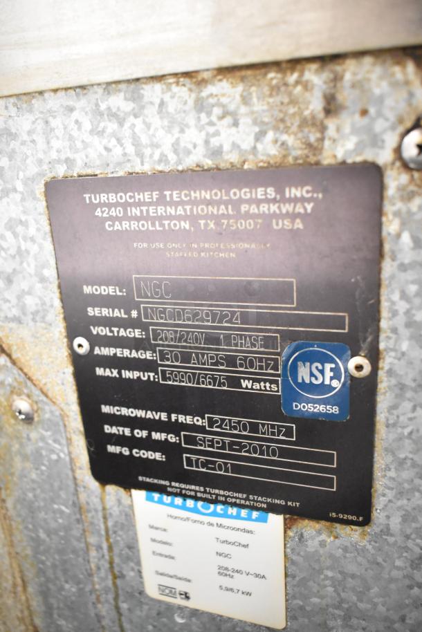 Turbochef NGC stainless steel rapid cook oven, 208/240V, 1 phase, NSF certified. Visible model and serial numbers.