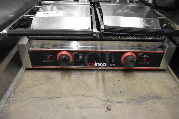 Winco EPG-2 stainless steel commercial double panini press, 120V, with heat control knobs, in used condition.