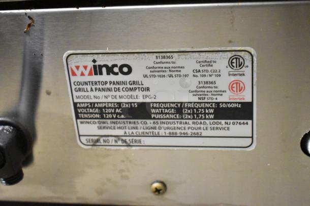 Winco EPG-2 stainless steel panini press label; 120V, 1 phase, model details and certification marks visible.