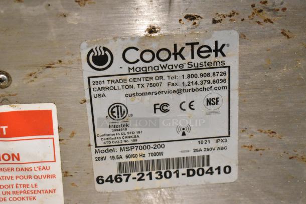 CookTek MSP7000-200 induction range label showing model, voltage, certifications, and manufacturer contact details.