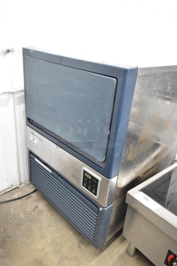 Blue Air BLUI-150A stainless steel commercial ice machine, 115 volts, 1 phase. Visible control panel and Blue Air logo.