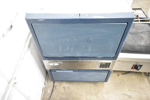 Blue Air BLUI-150A stainless steel ice machine, 115 volts, showing digital controls and Blue Air logo. Used condition.