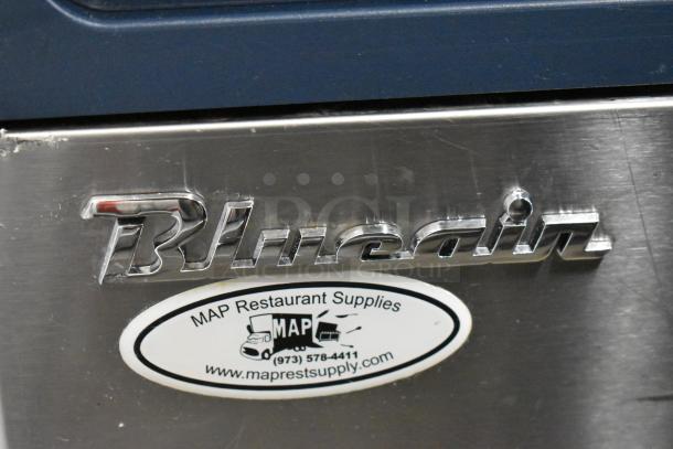 Blue Air BLUI-150A stainless steel ice machine, commercial grade, 115V, 1 phase. Features brand logo and supplier label.