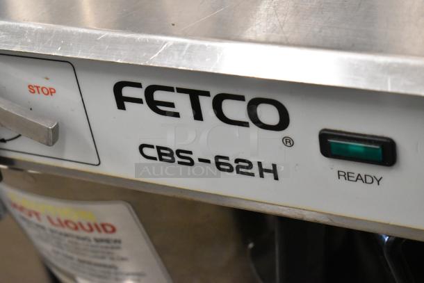 Fetco CBS-62H stainless steel double coffee machine with hot water dispenser, metal brew baskets, and satellite servers.