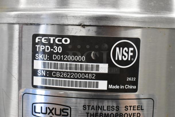 Fetco CBS-62H Stainless Steel Double Coffee Machine label showing model TPD-30, SKU D01200000, and serial number CB2622000482.