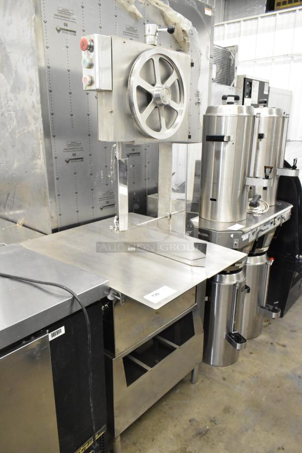 Thunderbird TMS-3600 metal commercial floor meat saw, 220V, 1 phase, features a sturdy stainless steel build, used condition.