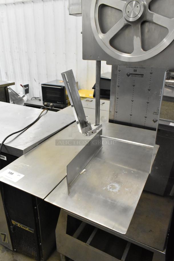 Thunderbird TMS-3600 metal commercial floor meat saw, 220 volts, 1 phase, stainless steel, with adjustable guide and safety markings.