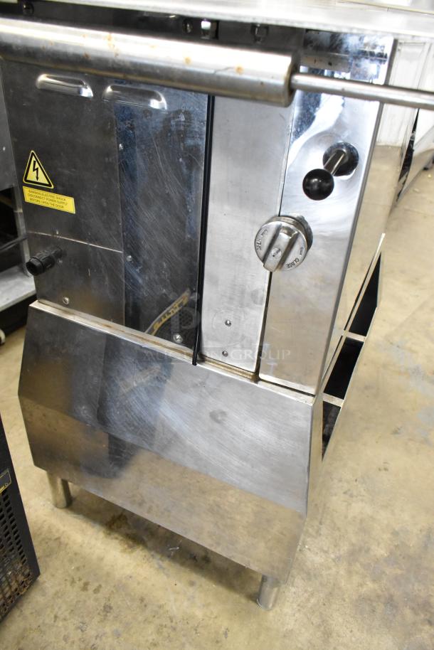 Thunderbird TMS-3600 metal floor meat saw, 220V, 1 phase, sturdy build, visible wear, electric shock warning label.