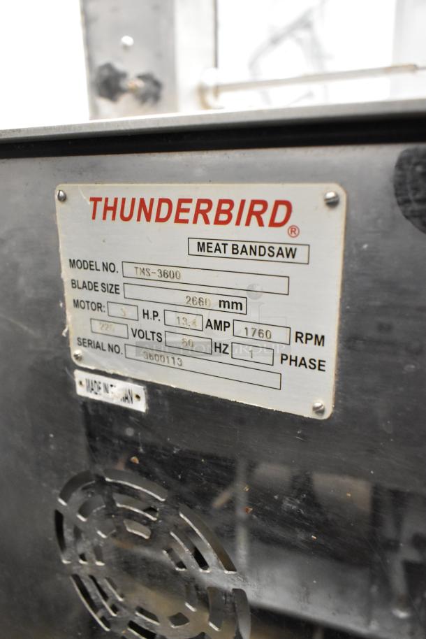 Thunderbird TMS-3600 meat saw, metal commercial floor style, 220V, 1 phase, with model and serial number plate details.