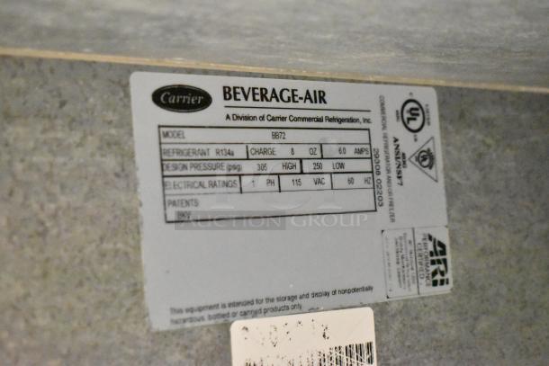 Beverage Air BB72 label showing model, refrigerant R134a charge, 115V, 1 phase, and electrical ratings for commercial cooler.