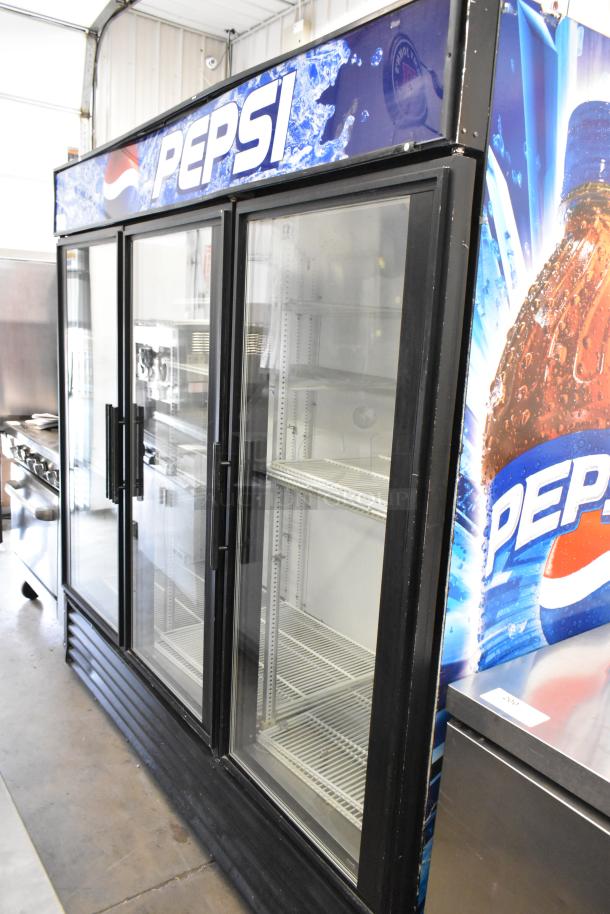 True GDM-72 commercial 3-door cooler with Pepsi branding and poly-coated racks. 115 volts, 1 phase.