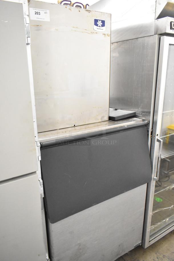 Manitowoc RFS0300A Stainless Steel Ice Head on Bin, 115V, 1 Phase. Commercial use, visible wear, branded label on unit.