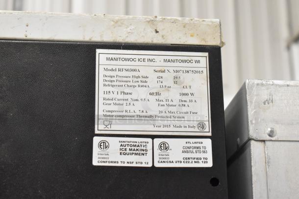 Manitowoc RFS0300A stainless steel commercial ice head on bin. 115V, 1 Phase. ETL certified. Made in Italy, 2015.