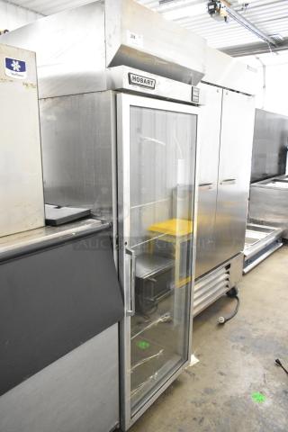 Hobart Q1 stainless steel single door cooler, poly-coated racks, glass front, commercial use, minimal wear.