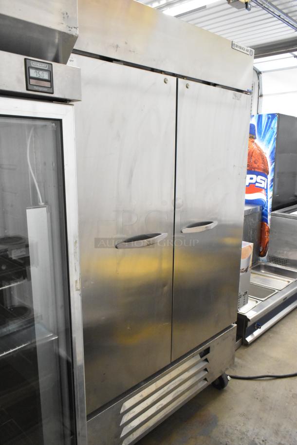 Beverage Air HBF49-1 stainless steel commercial 2-door reach-in freezer with poly-coated racks, on casters. 115V, 1 phase.