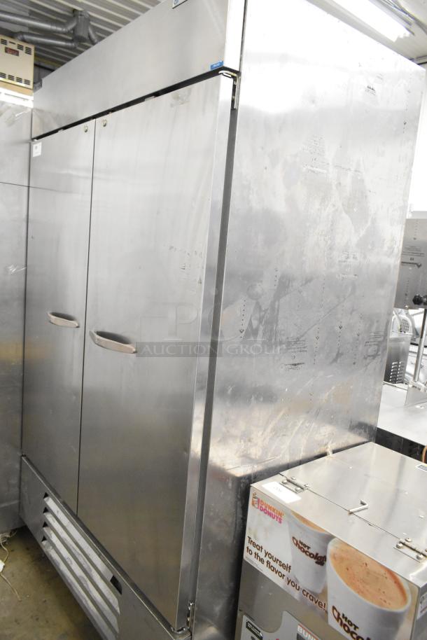 Beverage Air HBF49-1 stainless steel commercial 2 door reach-in freezer, poly coated racks, on commercial casters. 115 volts, 1 phase.