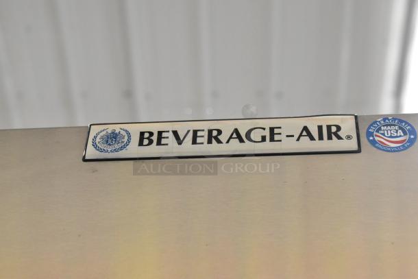 Beverage Air HBF49-1 stainless steel commercial freezer detail showing brand label and "Made in USA" marking.