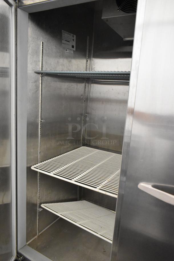 Beverage Air HBF49-1 stainless steel commercial freezer, 2 doors, poly-coated racks, commercial casters, 115V, 1 phase.
