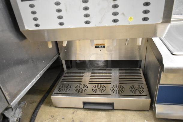 Bunn IMIX-5 stainless steel cappuccino machine, 120/208-240V, 1 phase. Features drink size options, drip tray, and warning label.