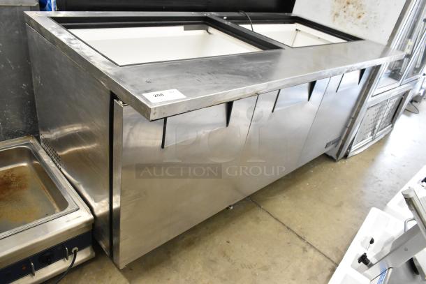 True TSSU-72-30M-B-ST stainless steel prep table, missing lid, on commercial casters, 115V, 1 phase, visible wear.