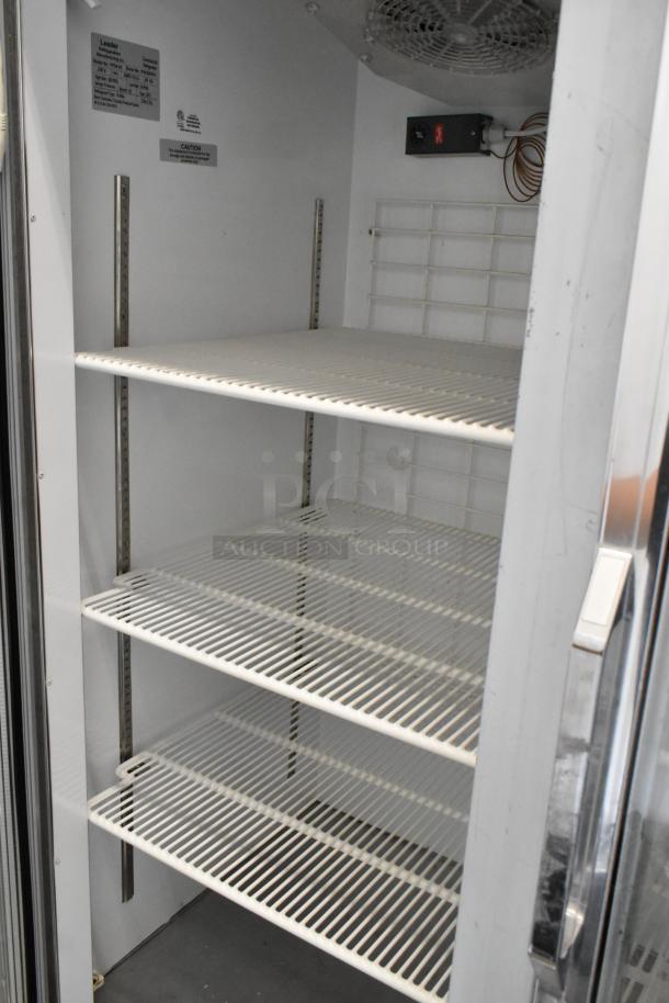 Leader PF54 SC 2 Door Cooler, 230V, 1 Phase, poly coated racks. Commercial use, visible labels detail model and voltage specs.