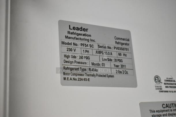 Label on Leader PF54 SC commercial refrigerator, 230V, 1PH, 15.0A, R-404a refrigerant, manufactured 2011.