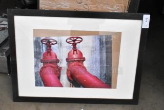 Framed picture of red valves, black frame, number tag "211". Part of a lot with 5 items including 4 pictures.