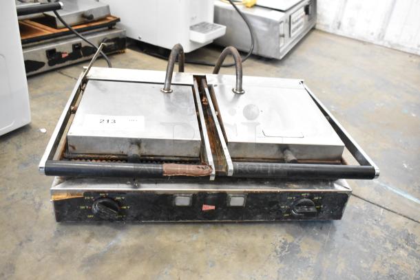Cecilware stainless steel commercial double panini press, 208 volts, 1 phase, with dual temperature dials, used condition.