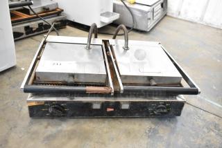 Cecilware stainless steel commercial double panini press, 208 volts, 1 phase, with dual temperature dials, used condition.