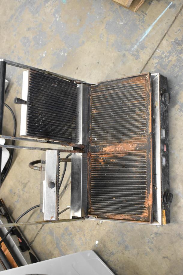 Cecilware stainless steel commercial double panini press, 208 volts, 1 phase, visible wear, suitable for countertop use.