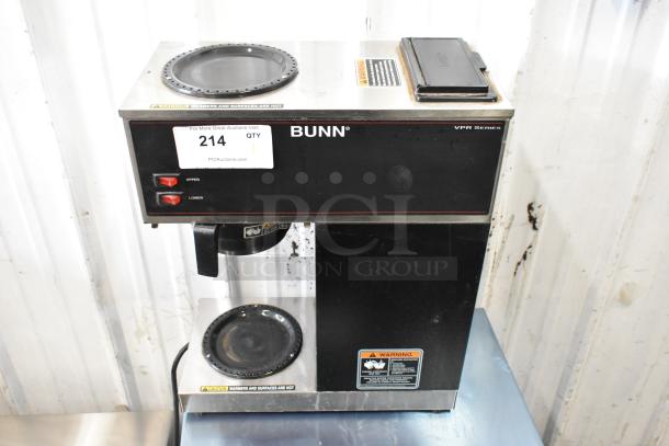 Bunn VPR stainless steel coffee machine with two burners and poly brew basket, 120 volts, 1 phase. Used condition.