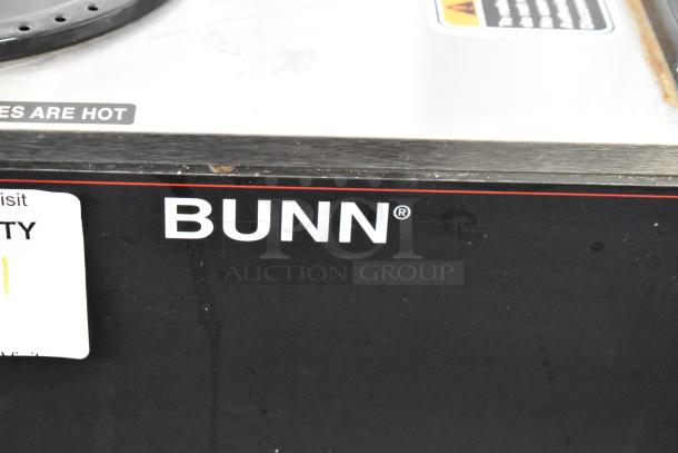 Bunn VPR commercial coffee machine with stainless steel body, 2 burners, poly brew basket. Visible "BUNN" branding. 120V, 1 phase.