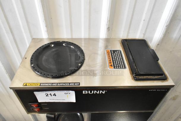 Bunn VPR Stainless Steel Coffee Machine, 2 burners, poly brew basket, 120V, warning labels visible.