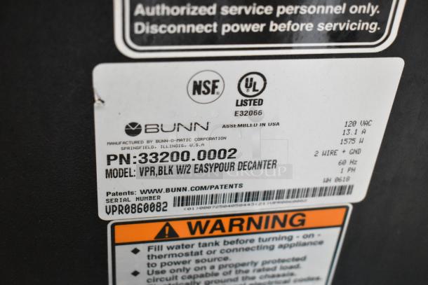 Bunn VPR coffee machine label showing model and serial number, NSF and UL certifications, 120 volts, 13.1 amps.