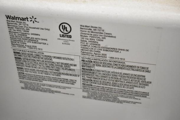 Label on Hamilton Beach P90D23AL-WR stainless steel countertop microwave; 120V, 1 phase, 1350W; UL listed; made in China.