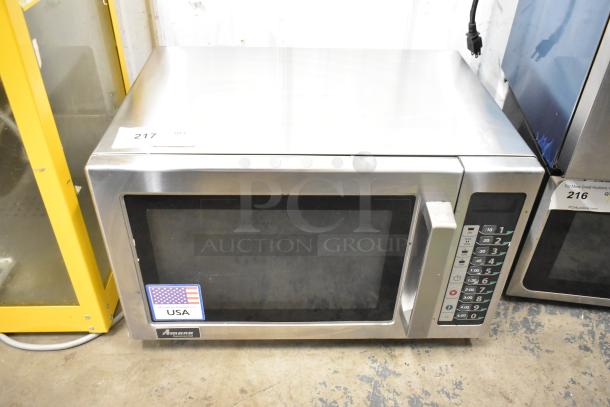 2022 Amana RCS10TS stainless steel commercial countertop microwave oven, 120 volts, 1 phase, keypad controls, made in USA.