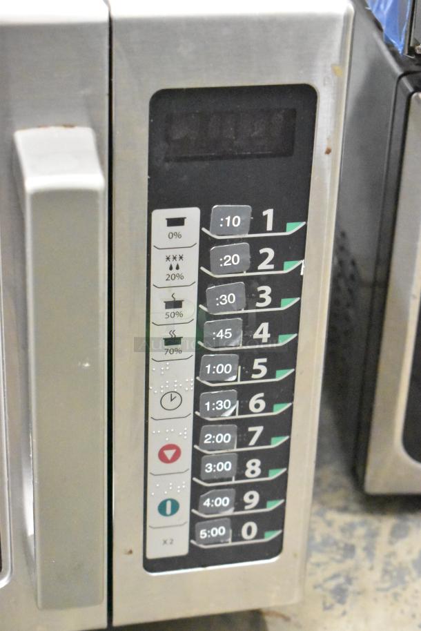 2022 Amana RCS10TS stainless steel commercial countertop microwave oven, 120 volts, keypad and controls shown.