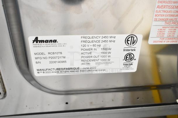 2022 Amana RCS10TS stainless steel commercial microwave oven, 120V, 1 phase, model and label details visible.