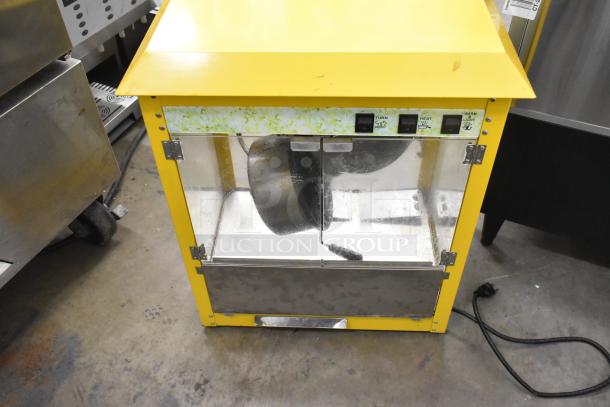 2019 OY-828 Metal Countertop Popcorn Machine, bright yellow, 110V, clear viewing panels, control switches, used condition.