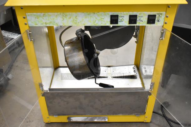 2019 OY-828 metal countertop popcorn machine and merchandiser, yellow, 110V, 1-phase, used condition with visible controls.