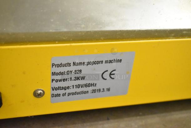 2019 OY-828 metal countertop popcorn machine, 110V, 1.3KW, Model OY-828. CE marked, production date: 2019-03-16.