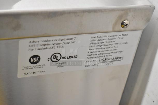 2024 Maxx Ice MIM250 stainless steel ice machine with label showing model, volts, and certifications.