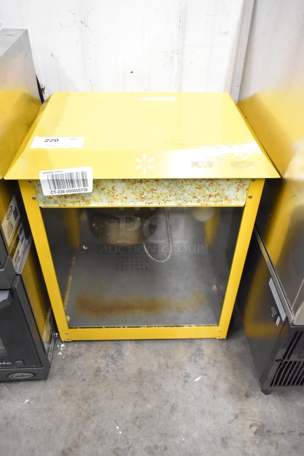 2019 OY-828 Metal Popcorn Machine, countertop model, merchandiser. Yellow exterior, 110V, 1 phase, visible labels.