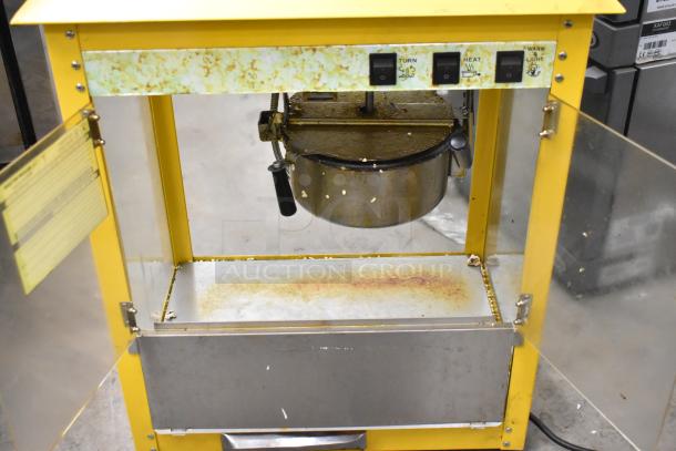 2019 OY-828 metal countertop popcorn machine and merchandiser, with visible usage, three switches, and 110V power rating.