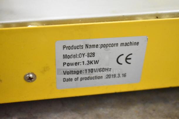 2019 OY-828 Metal Countertop Popcorn Machine, 110V, 1 Phase, CE certified, power 1.3KW, label shows model and production date.