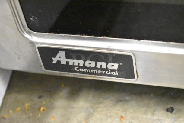 2022 Amana RCS10TS commercial stainless steel microwave oven, 120 volts, 1 phase, visible Amana label.