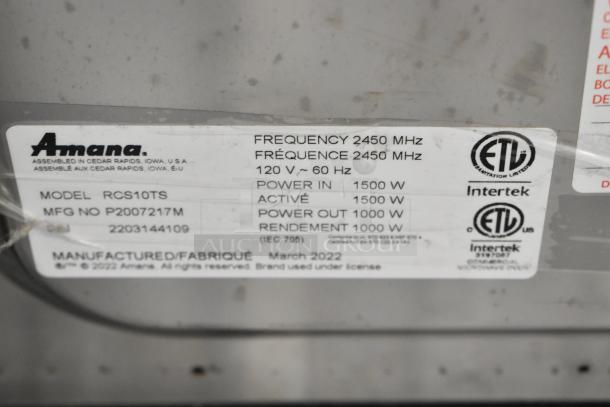2022 Amana RCS10TS commercial microwave oven label with model, power input 1500W, output 1000W, and ETL certification.