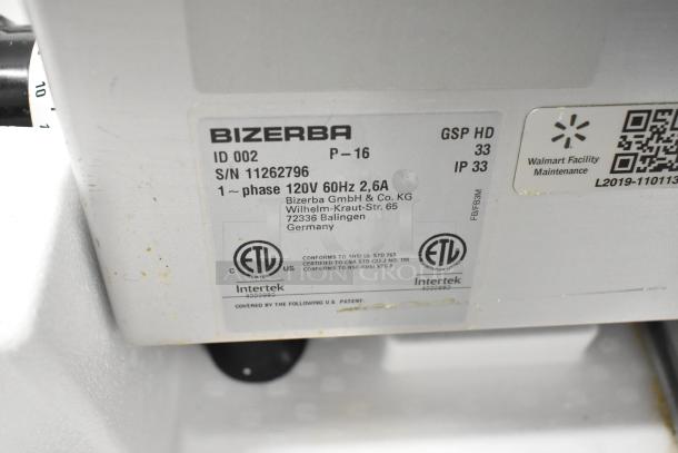 2016 Bizerba GSP HD metal commercial meat slicer tag, 120V, 1 Phase, model/serial details, ETL certified, used condition.