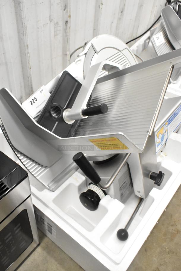 Bizerba GSP HD metal commercial meat slicer, 120V, 1 phase, in excellent condition, with adjustable slicing controls.