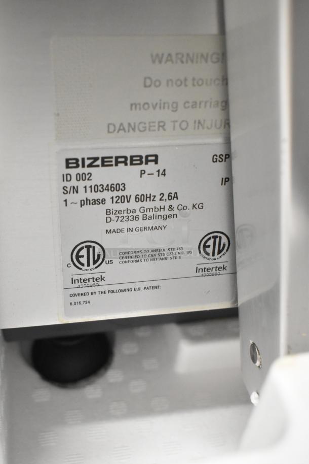 Bizerba GSP HD Commercial Meat Slicer, metal, 120V, 1 phase, model label with serial number and safety warnings visible.